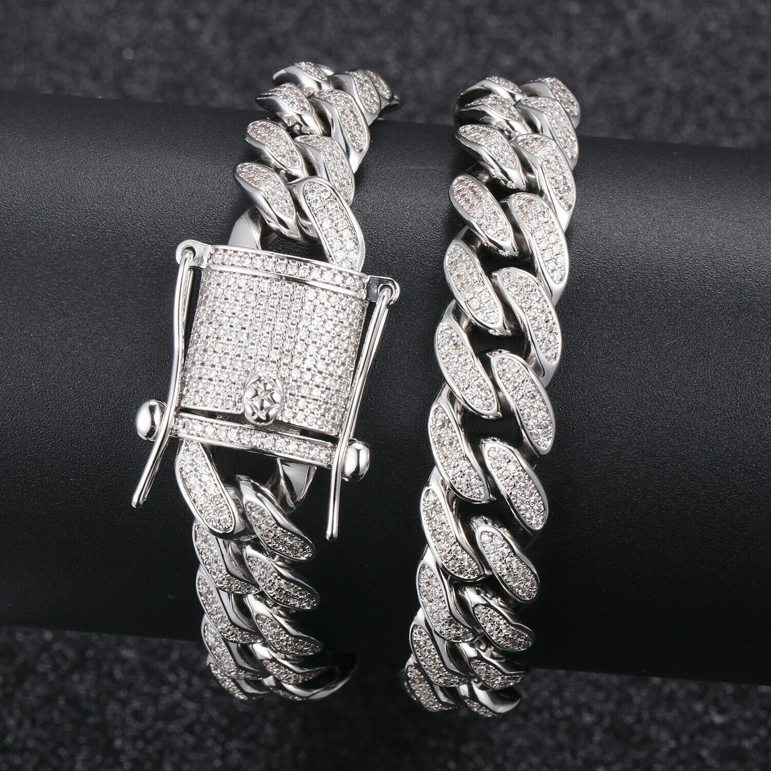 12mm White Gold Plated Iced CZ Out Stainless Steel Miami Cuban Link Bracelet