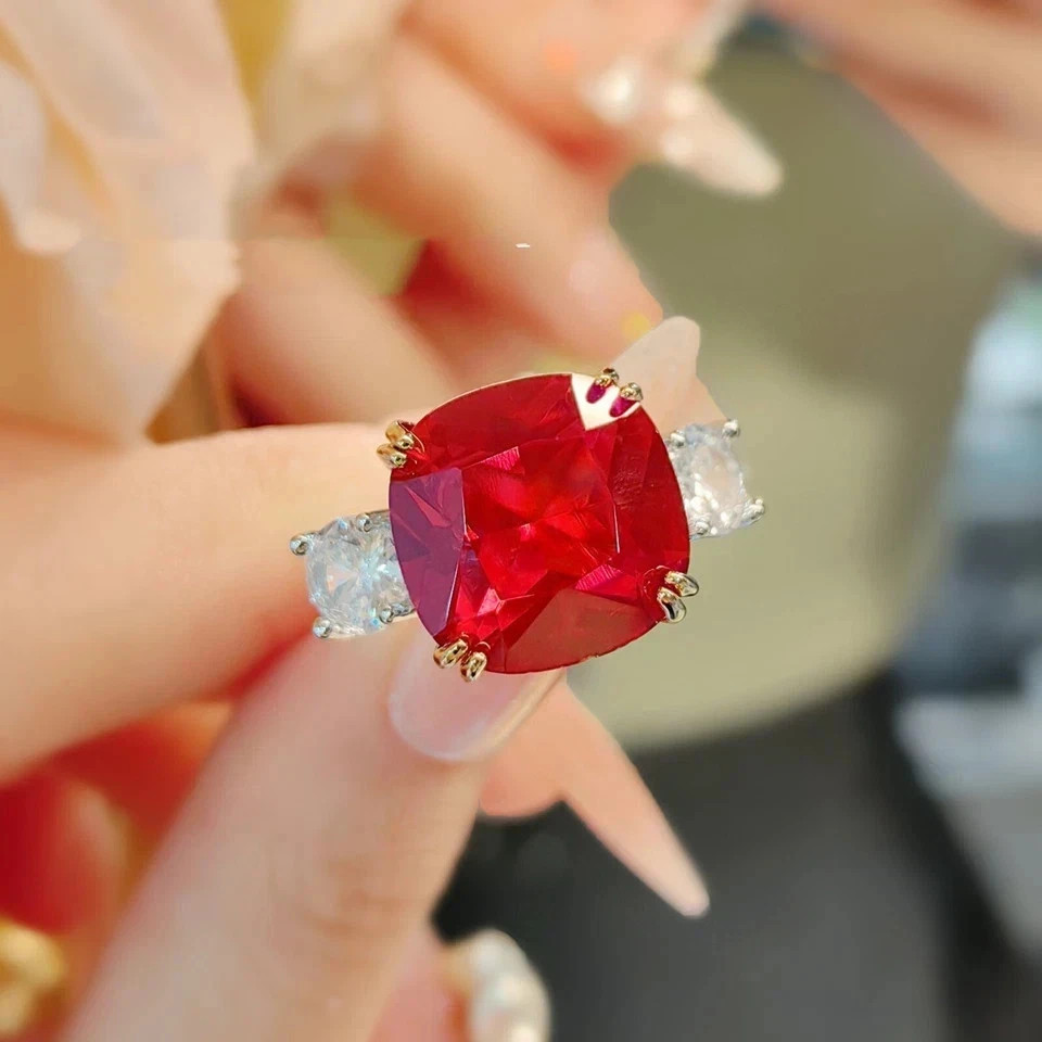 4.72 Ct Cushion Cut Natural Ruby Diamond Engagement Ring 14K Solid White Gold 6