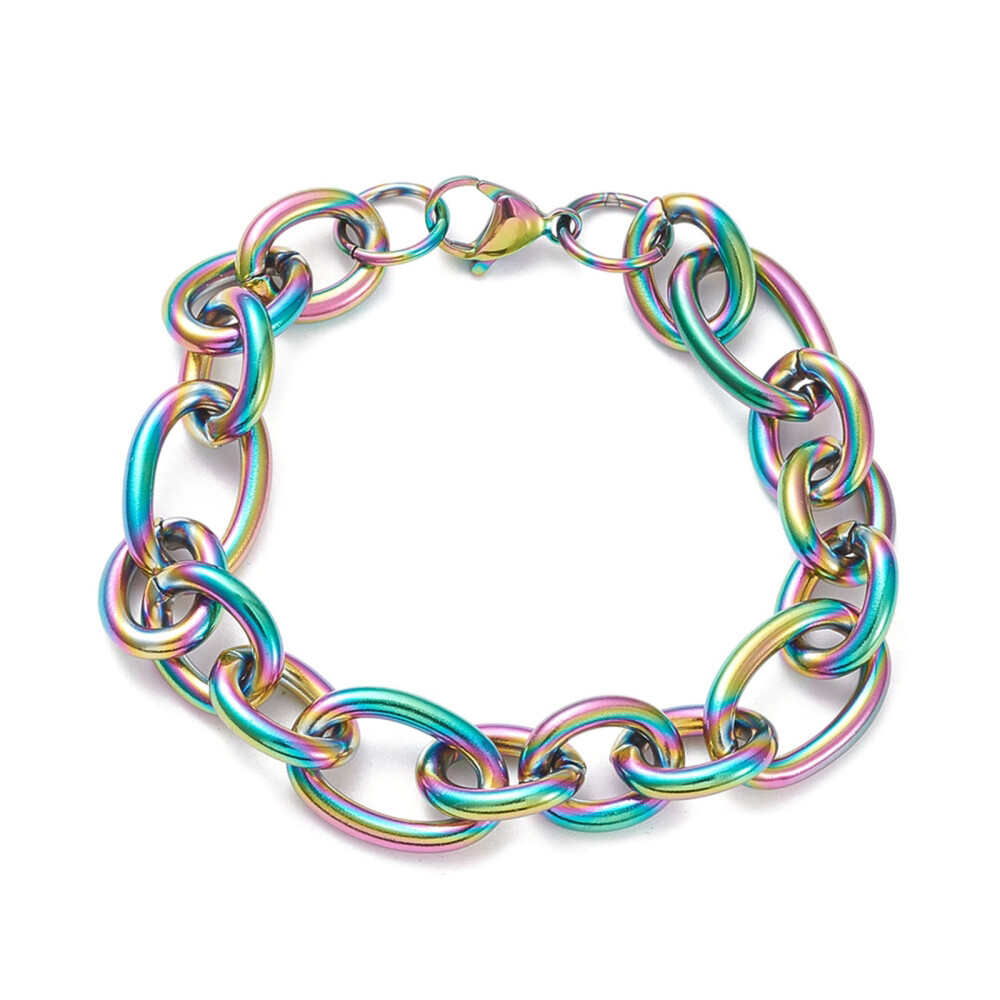 Stainless Steel Figaro Bracelet Lobster Rainbow Purple Multi-color 8.2 Z43