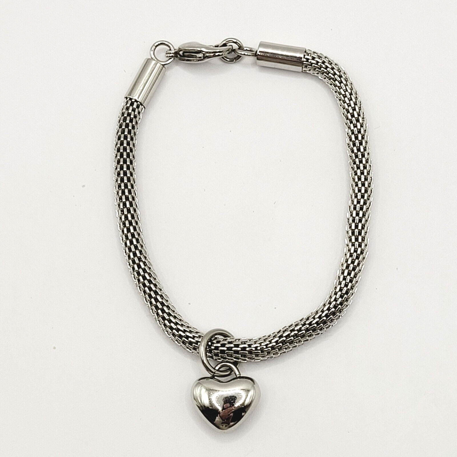 Puffy Heart Polished Charm Dangle on Silver Tone Stainless Mesh Bracelet 7 Inch