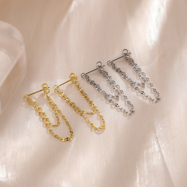 A Pair Sterling Silver Plated Tassel Dangle Drop Stud Earrings Chain Gift S6