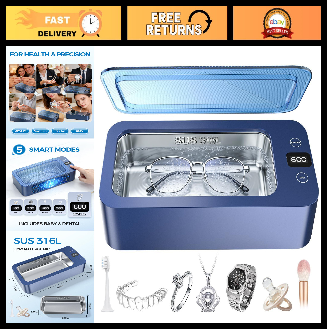 Professional Ultrasonic Jewelry Cleaner 500ml, 50kHz for Jewelry, Eyeglasses, Wa