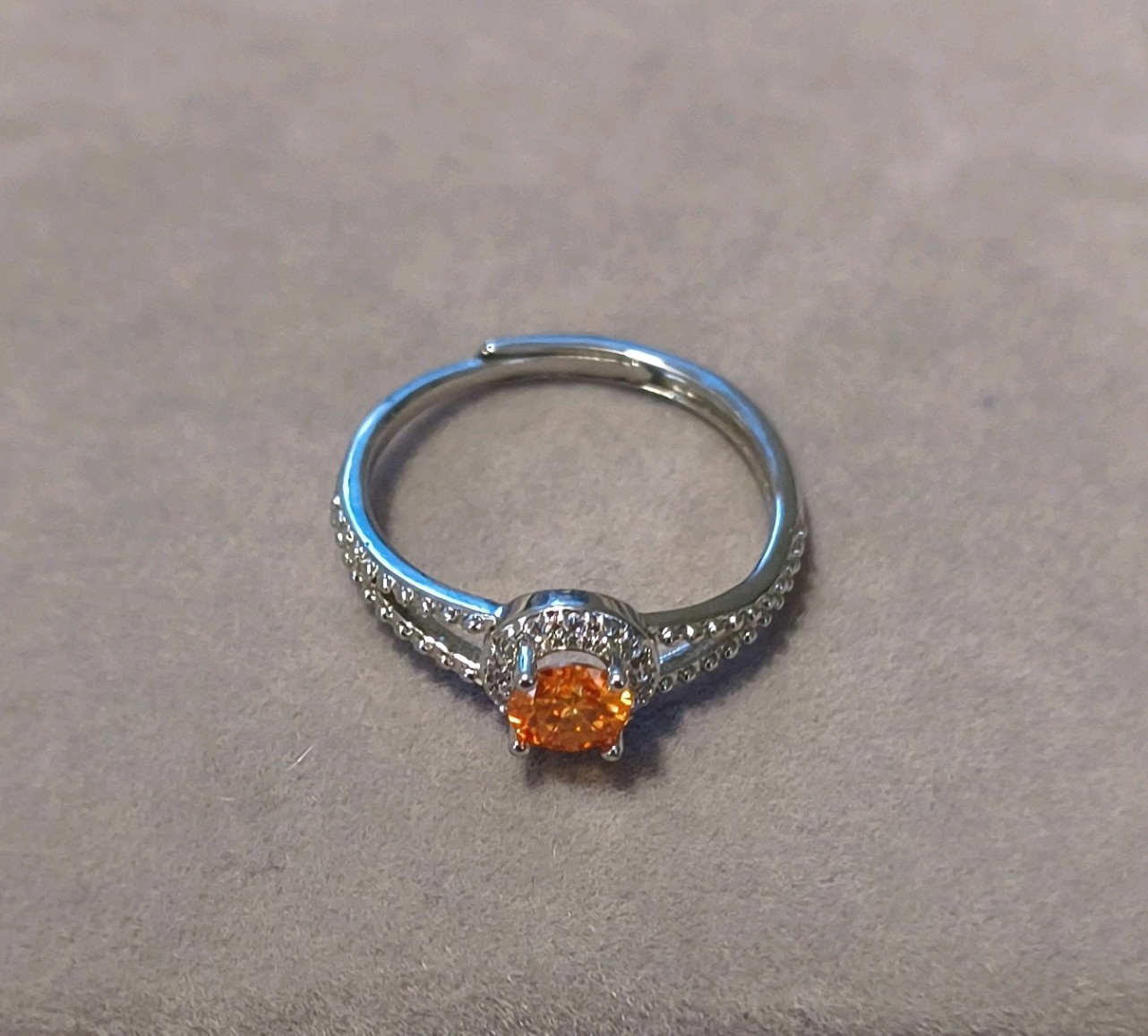 Silver Halo Ring Round Orange Moissanite Stone Adjustable