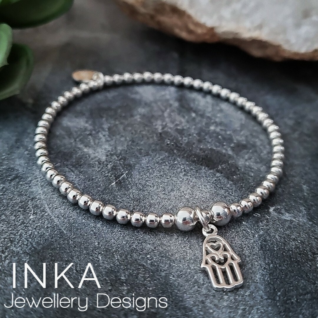 Inka 925 Sterling Silver stretch beaded Stacking Bracelet and Hamsa Hand charm