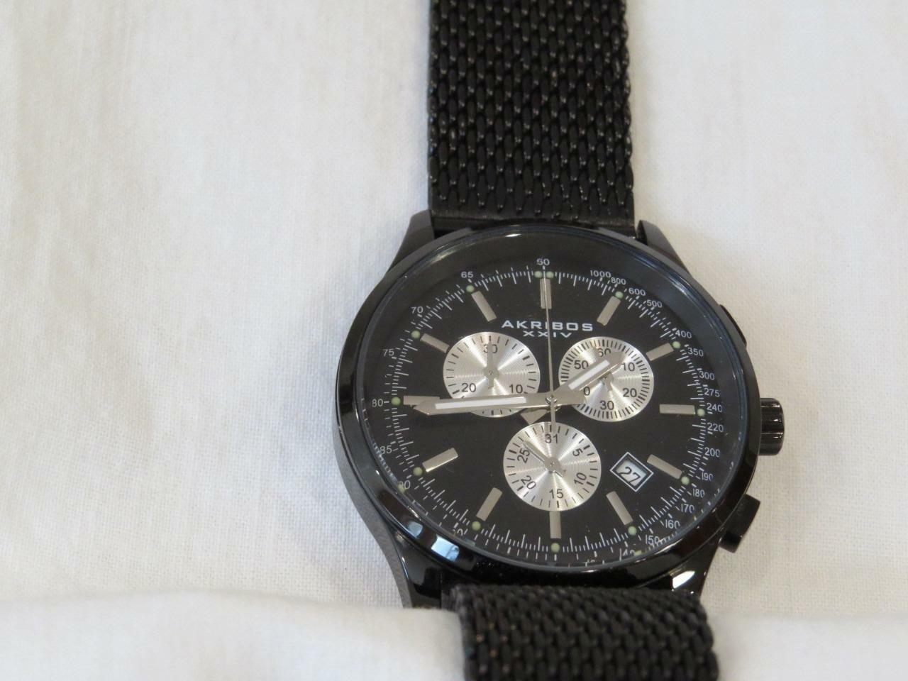 Men’s AKRIBOS XXIV Black Chrono LUMI SS Bracelet Watch, Date, AK625BK