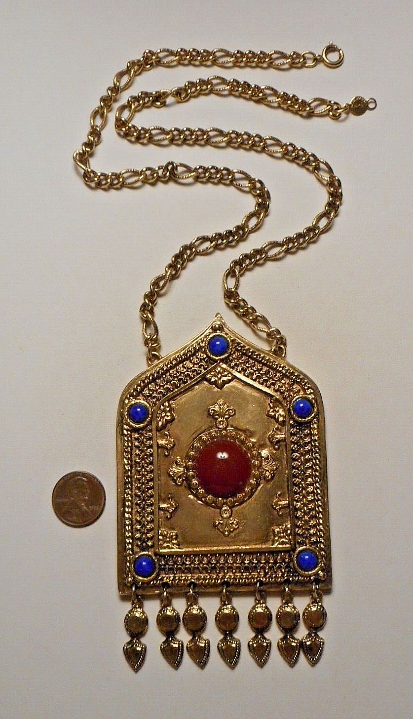 Accessocraft NYC Large Ethnic Cabochon Jeweled Pendant Necklace w Side Chains