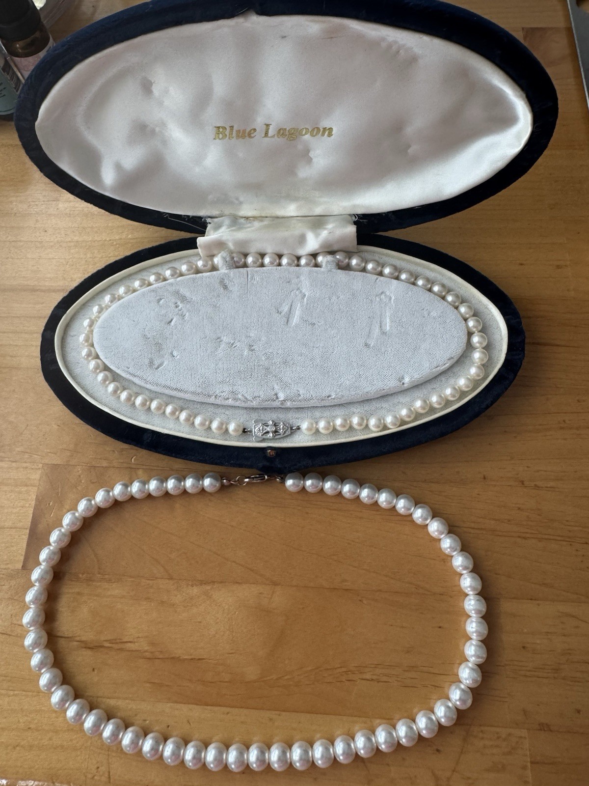 Blue Lagoon Signed White Round Pearl Beaded Necklace 16in 18k WG Box Clasp