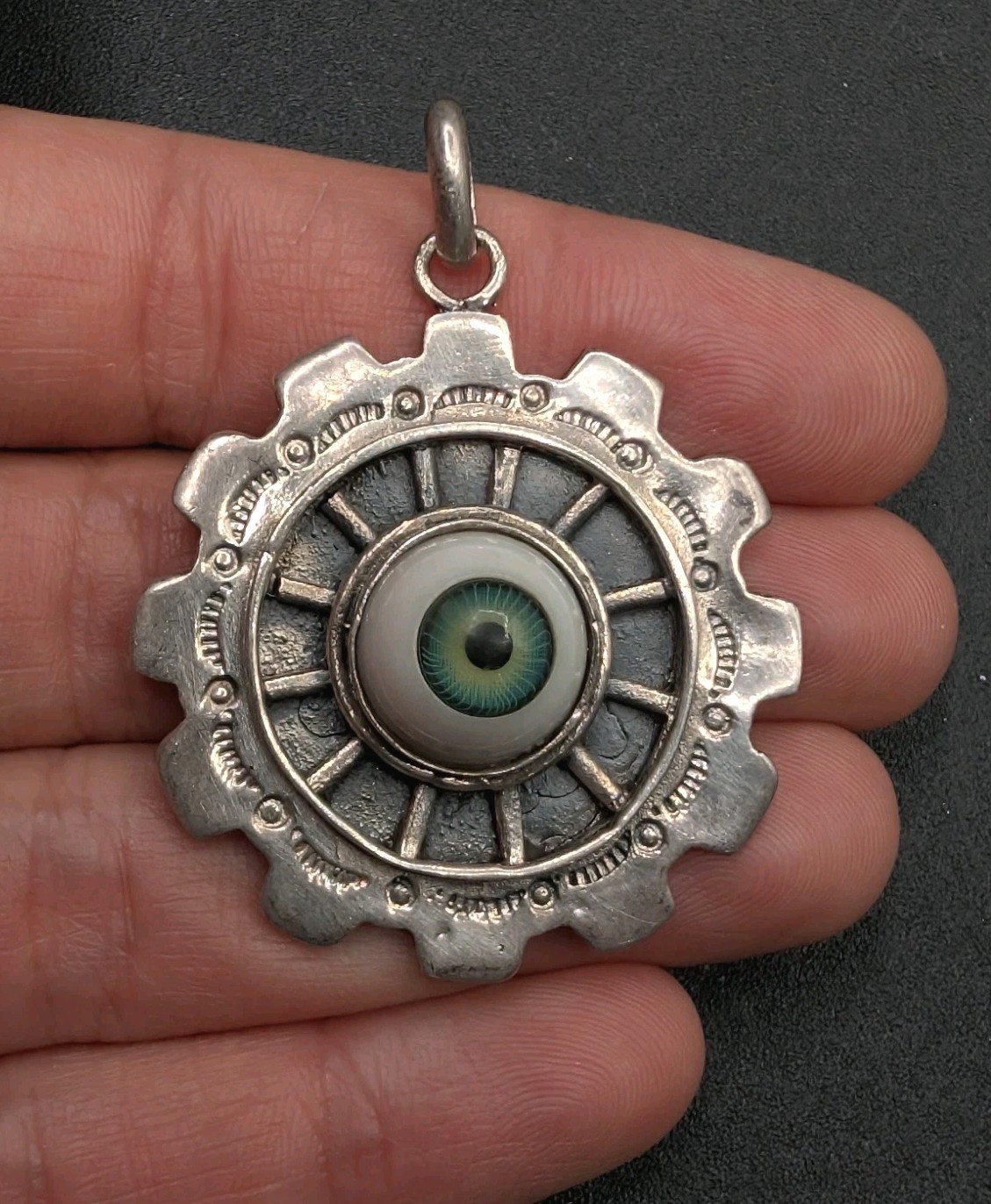 Sterling Silver 925 Evil Eye Good Luck Protection Stamped Steampunk Gear Pendant
