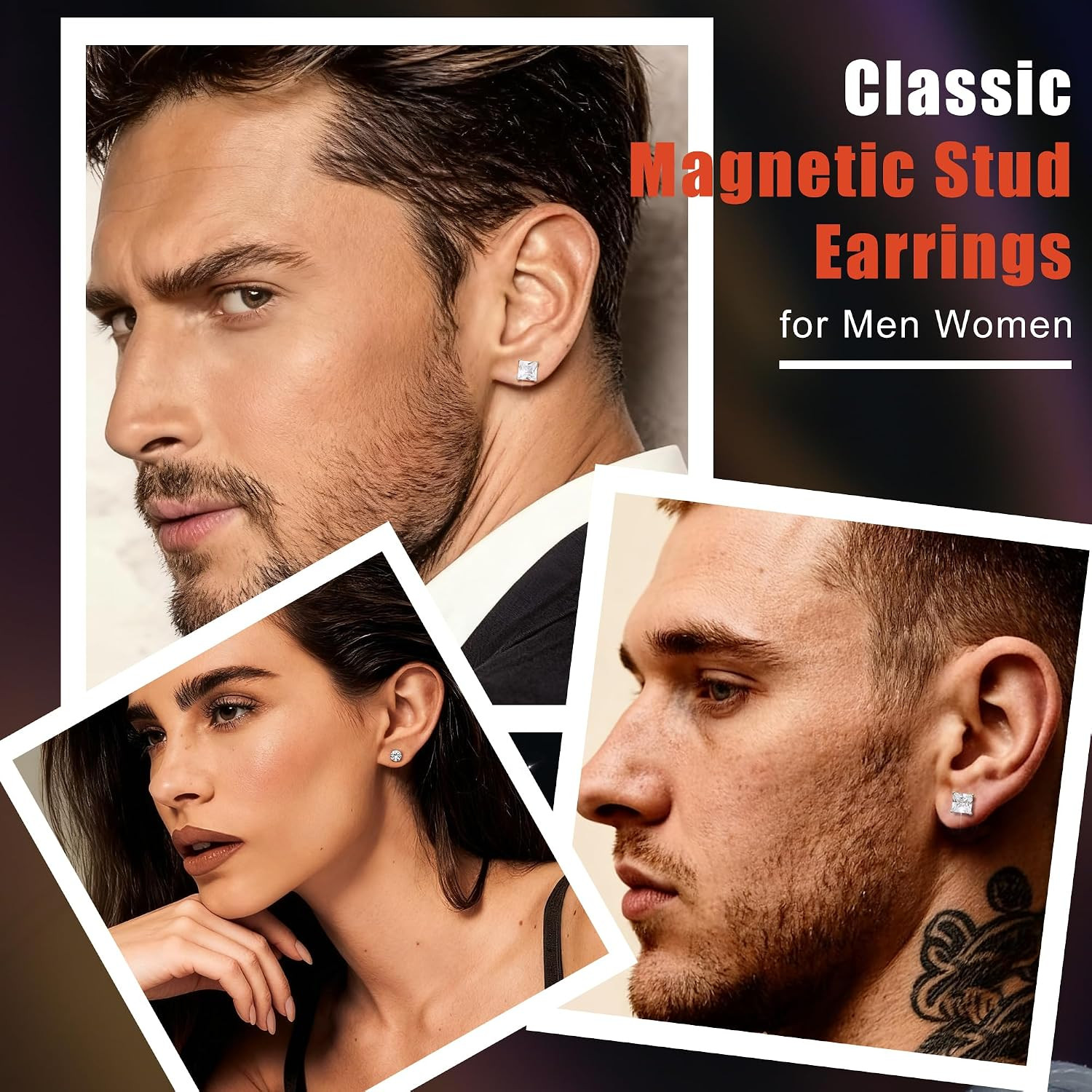 2 Pairs Stainless Steel Magnetic Stud Earrings for Men Women Non-Piercing CZ Hyp