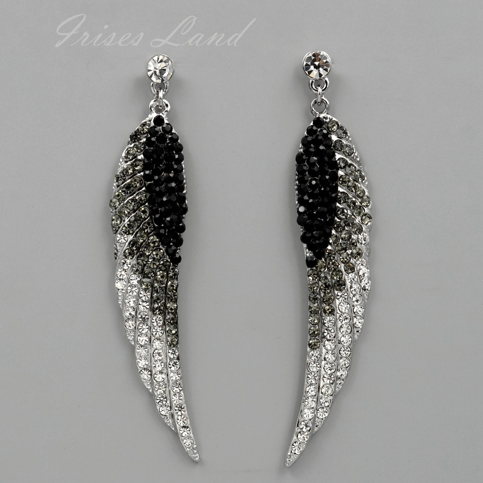 Rhodium Plated Black Crystal Rhinestone Wedding Drop Dangle Earrings Wing 08932