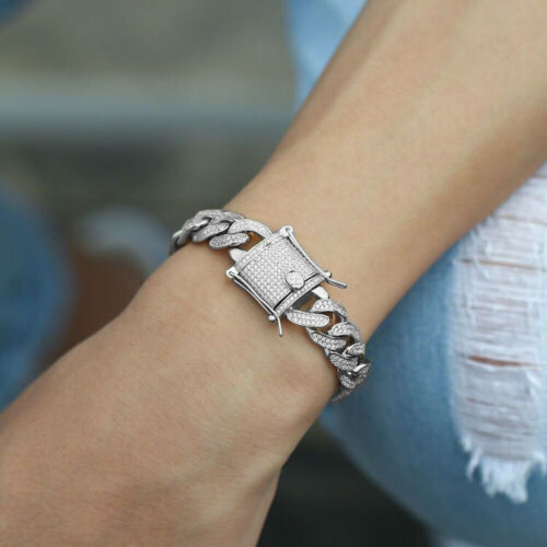 12mm White Gold Plated Iced CZ Out Stainless Steel Miami Cuban Link Bracelet