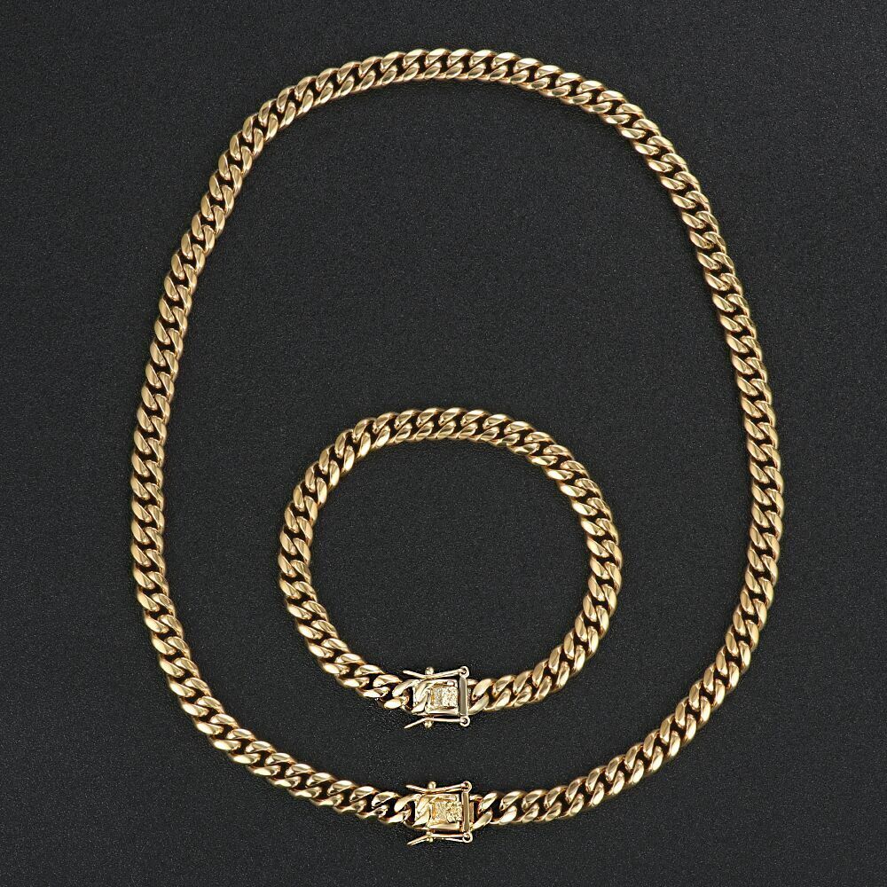 Real 14K/18K Gold Plated PVD Solid Miami Cuban Link Chain Bracelet Set 4mm-14mm