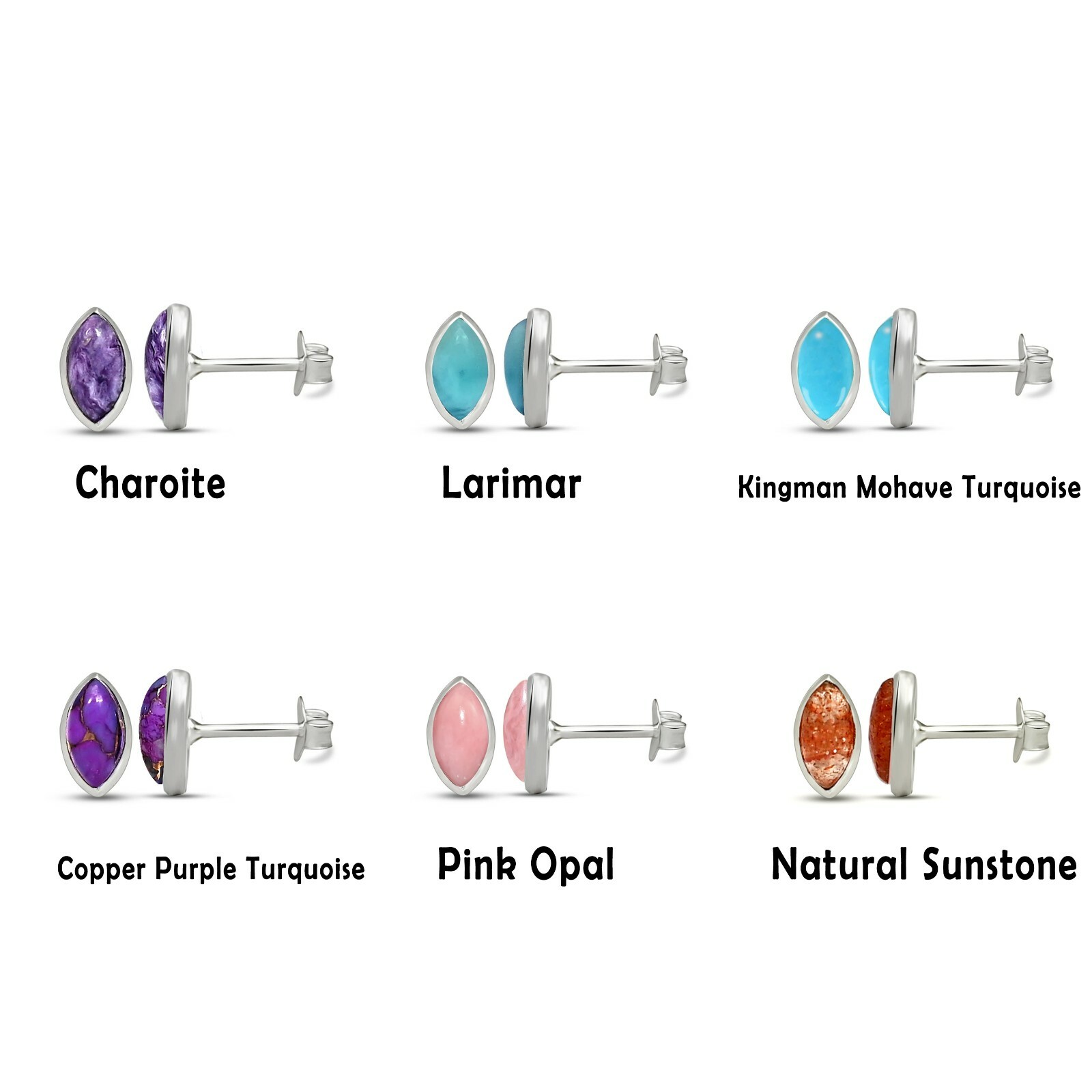 Larimar Labradorite Amethyst Sunstone Charoite 925 Sterling Silver Stud Earrings