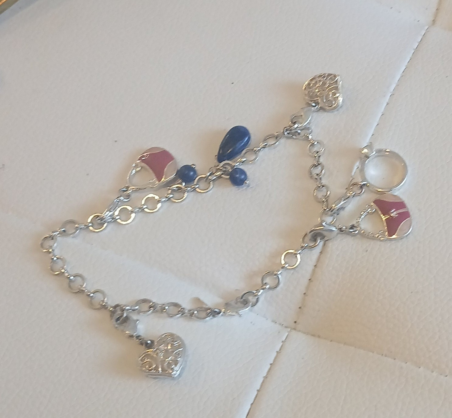 Silver Tone Heart Dangle Charm Chain Bracelet Blue Pink Enamel Lobster Clasp