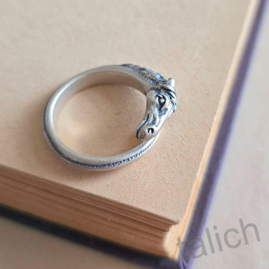 Antiqued Solid 925 Sterling Silver Horse Head Ring Adjustable Handmade Unique