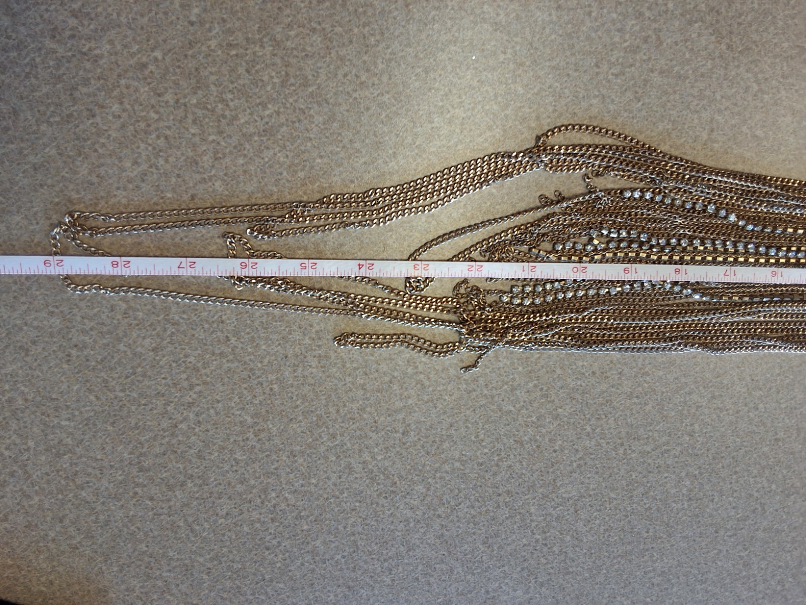 Signed BB Multi Strand Waterfall Gold Tone & Rhinestone Strand Necklace.