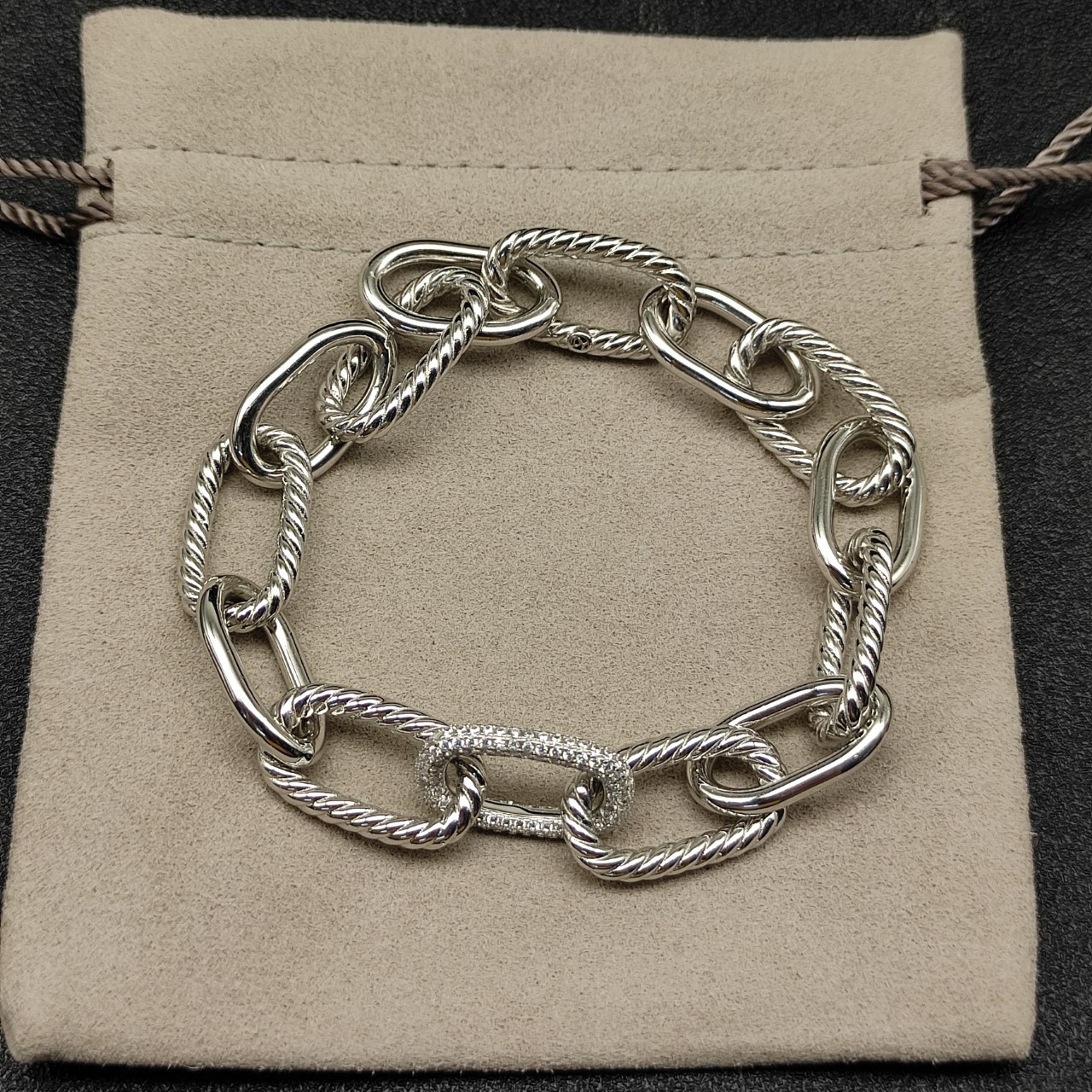 David Madison Chain Bracelet 925 Silver Two-Tone Cable Pave Diamond 21 cm