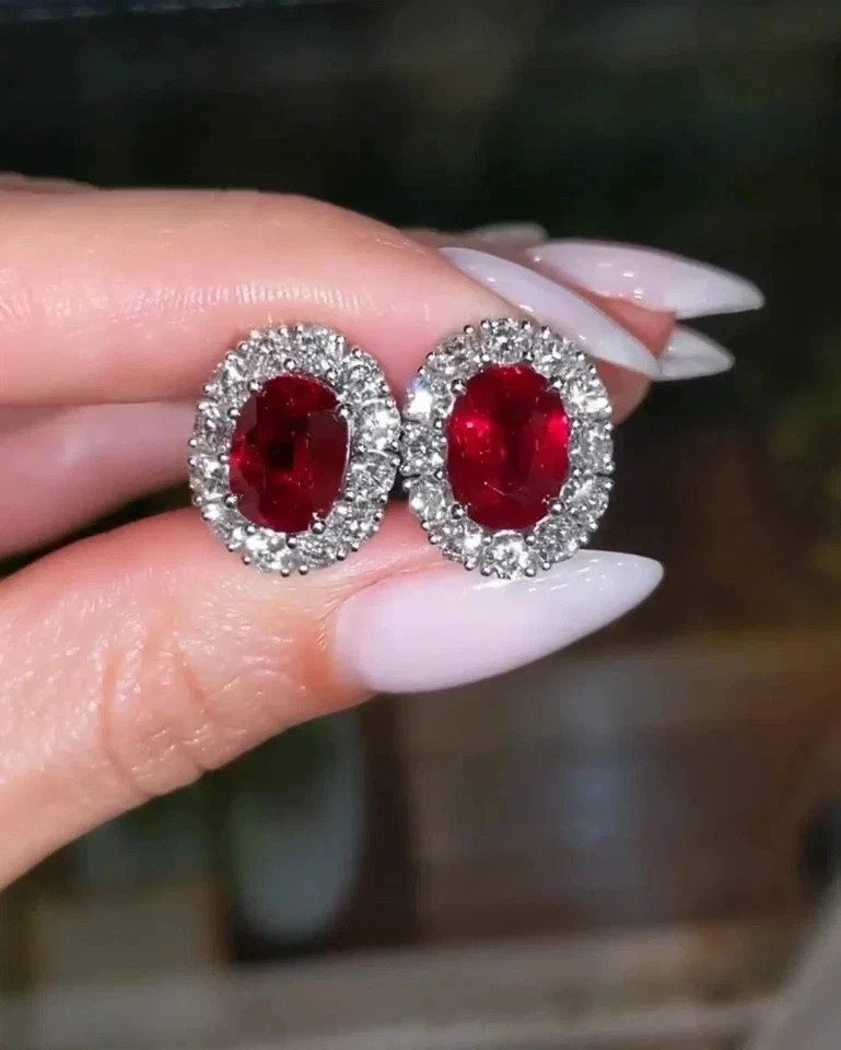 6.80 Ct Oval Cut Natural Red Ruby & Diamond Earring Stud Solid 14K White Gold