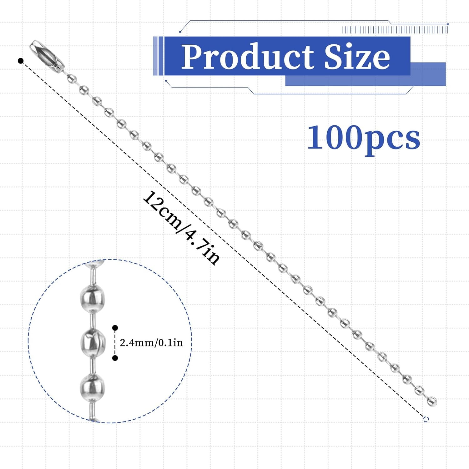 100 Pcs Ball Chain Keychain – 4.7 Inch Silver Stainless Steel Chain With 2.4mm