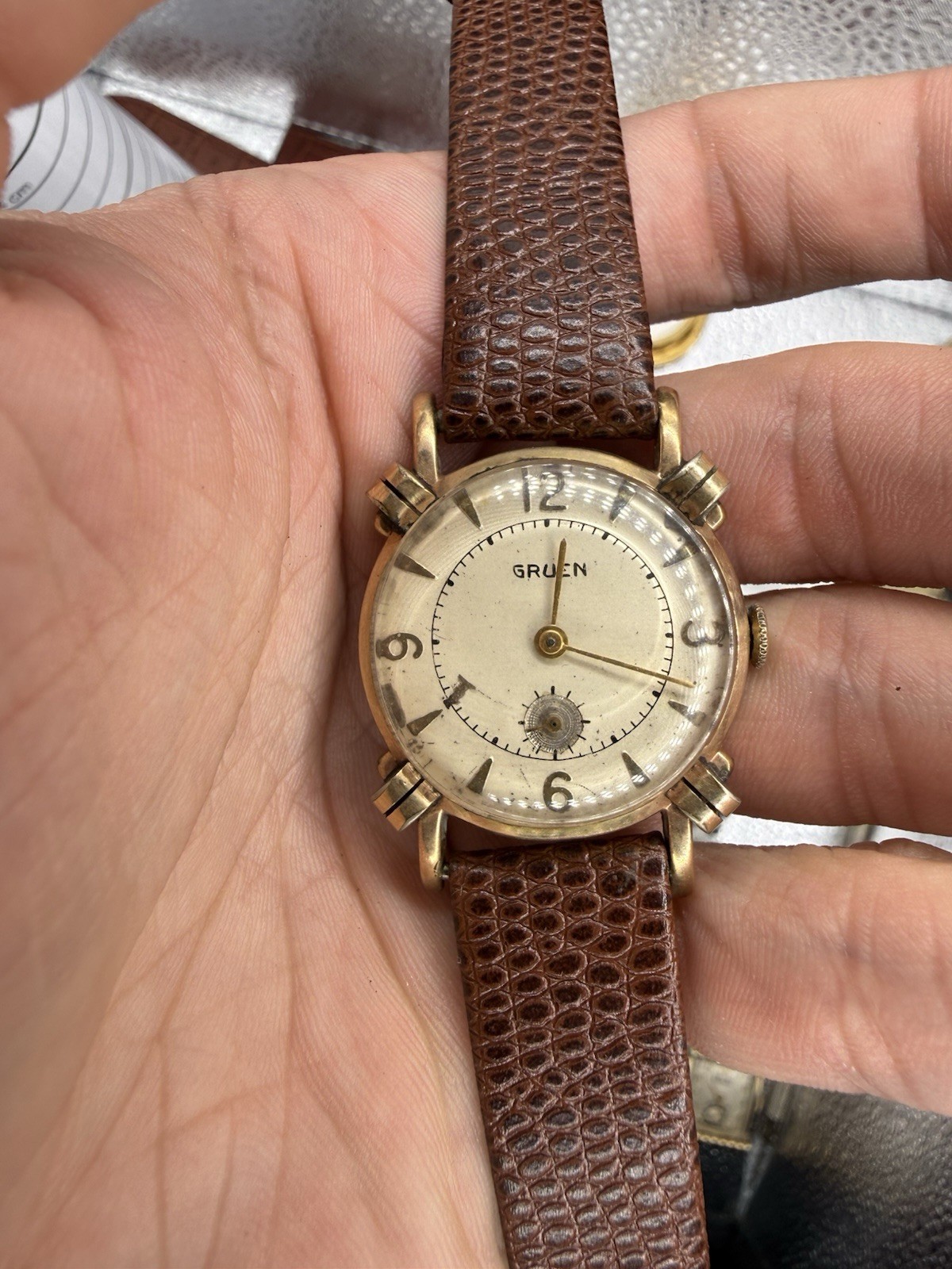 Gruen Vintage Knotted Lugs Manual Wind Arabic Dial Gold Case