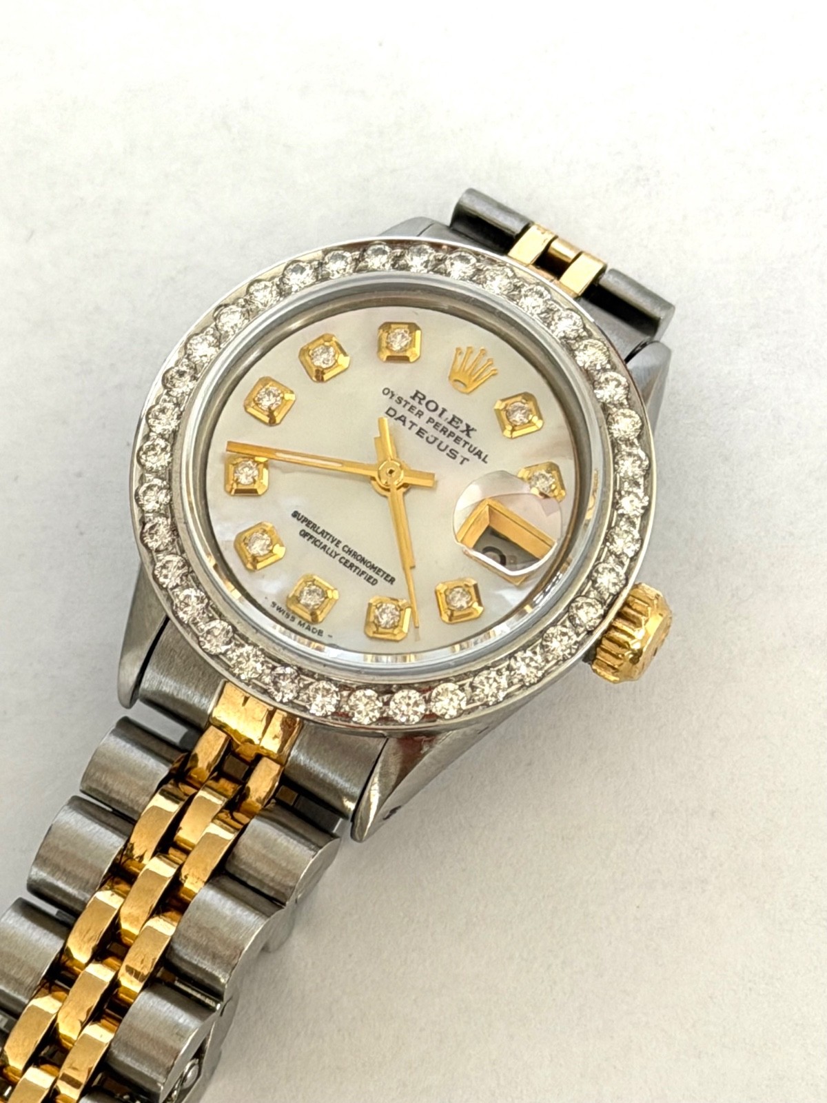 ROLEX LADIES WATCH DATEJUST TWO TONE 18K. GOLD MOP DIAMOND DIAL & DIAMOND BEZEL
