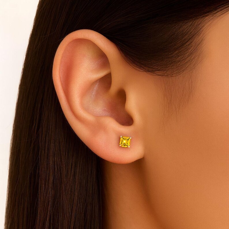 Yellow Square Stud Earrings | 925 Sterling Silver, Minimalist