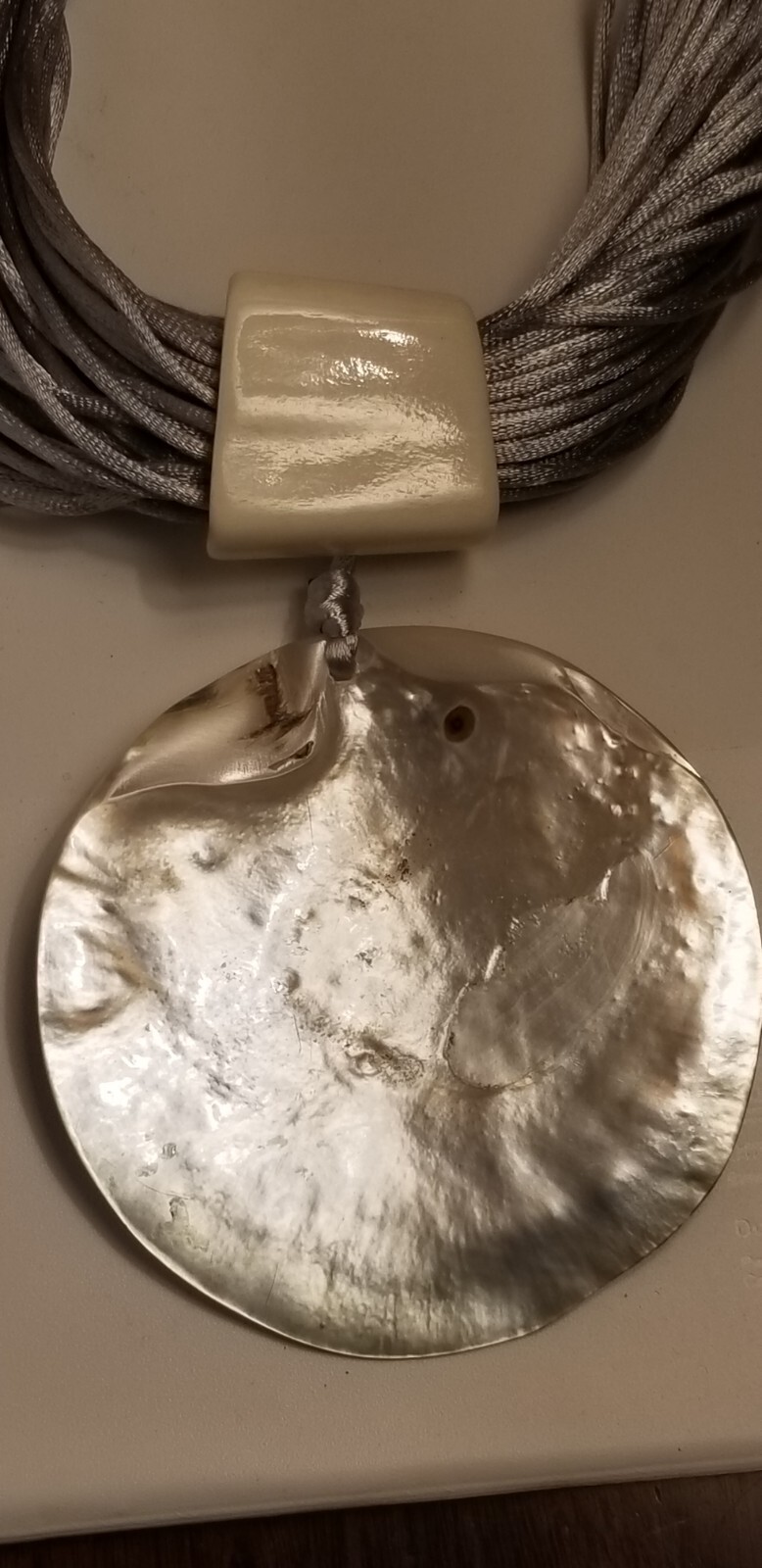 GRAY SILK MULTI-STRAND ABALONE SHELL PORCELAIN LEATHER NECKLACE MONIQUE LESHMAN