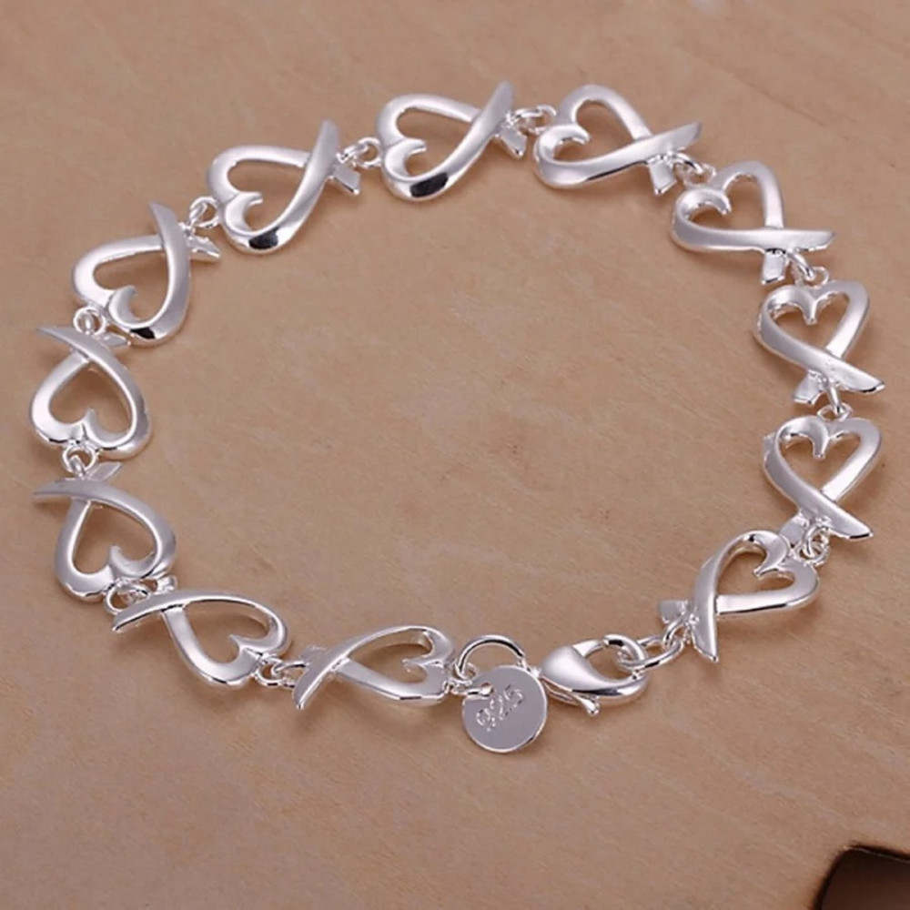 925 Sterling Silver Charm Heart Thick Chain Women Bracelet Fashion Jewelry