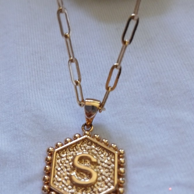 Initial Letter S 14 K Gold Plater Hexagonal Pendant