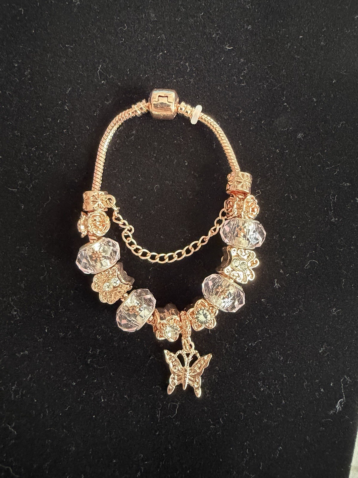 Rose Gold Plated Snake Chain Charm Bracelet Butterfly Dangle, Barrel Closure