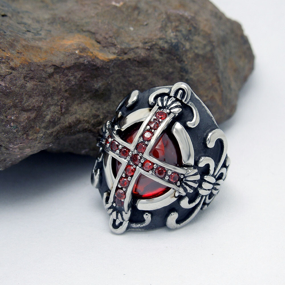 Knights Crusades Templar Shield Cross Celtic Red Stone Stainless Steel Ring