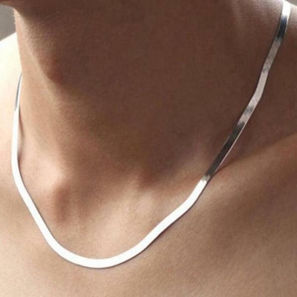 18K White Gold Filled Hypo-Allergenic 2mm/3/4/5mm Herringbone Chain Necklace B14