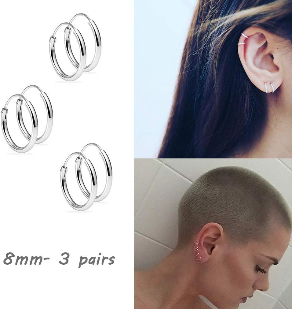 Silver Hoop Earrings- Cartilage Endless Small Hoop Earrings Set for Women Men, 3