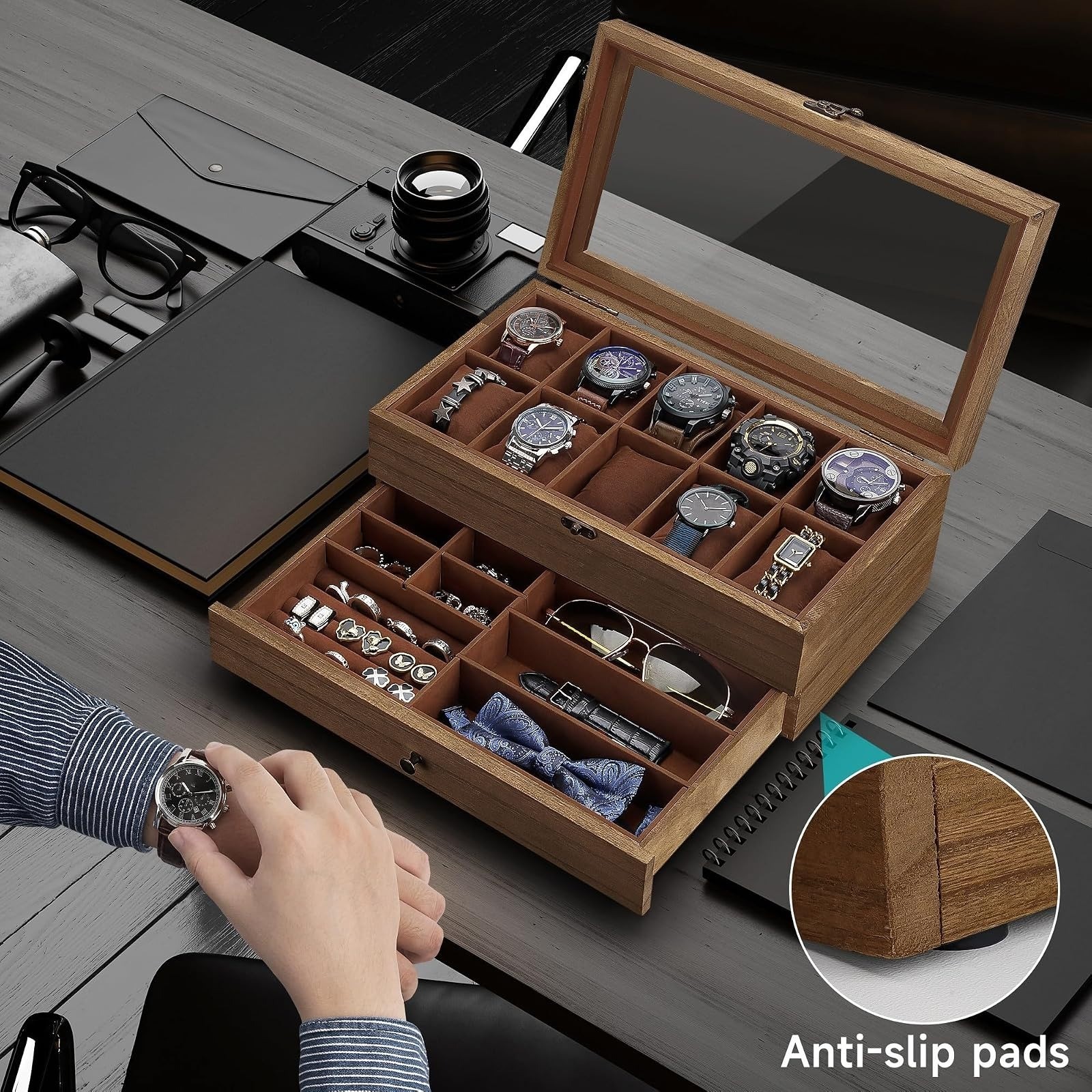 GALHUBIS Watch Box for Large Dial Watches, 10 Slots, Jewelry Organizer