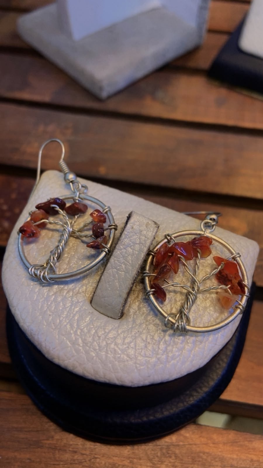 Handmade White Metal Tree of Life Earrings with Natural Stone Chips.