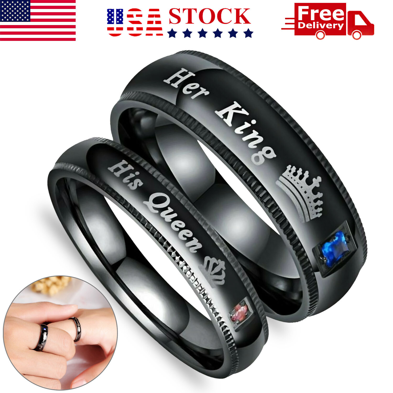 His Queen and Her King Stainless Steel Lover Couple Ring Engagement Promise Band