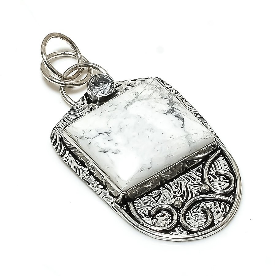 Howlite Jasper, White Topaz 925 Sterling Silver Jewelry Pendant 2.25″ I611