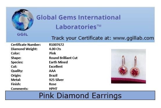 4.00 Ct Certified Pink Diamond Solitaire Earrings, Great Sparkle & Bling-VIDEO