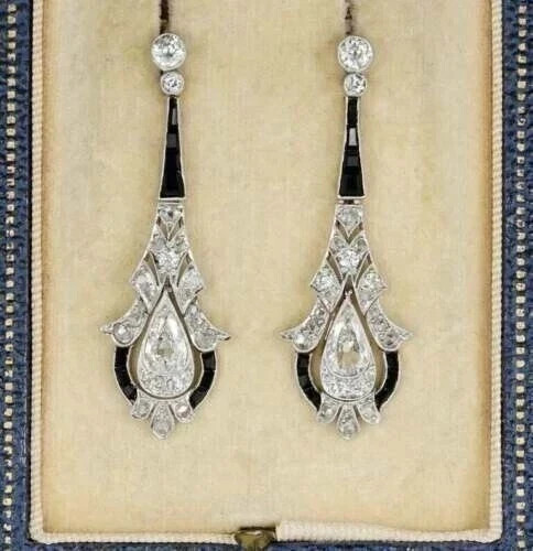 Art Deco Style Pear Cut Lab Created Diamond Wedding 14K White Gold FN Earrings