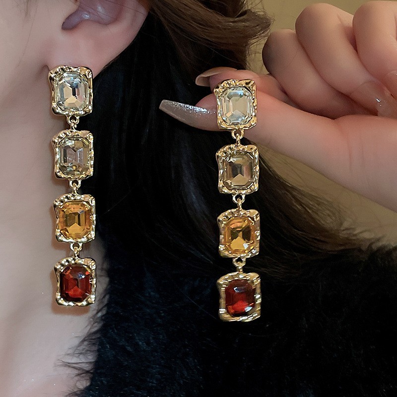 Vintage Multicolor Crystal Necklace & Drop Earrings Set Statement Jewelry