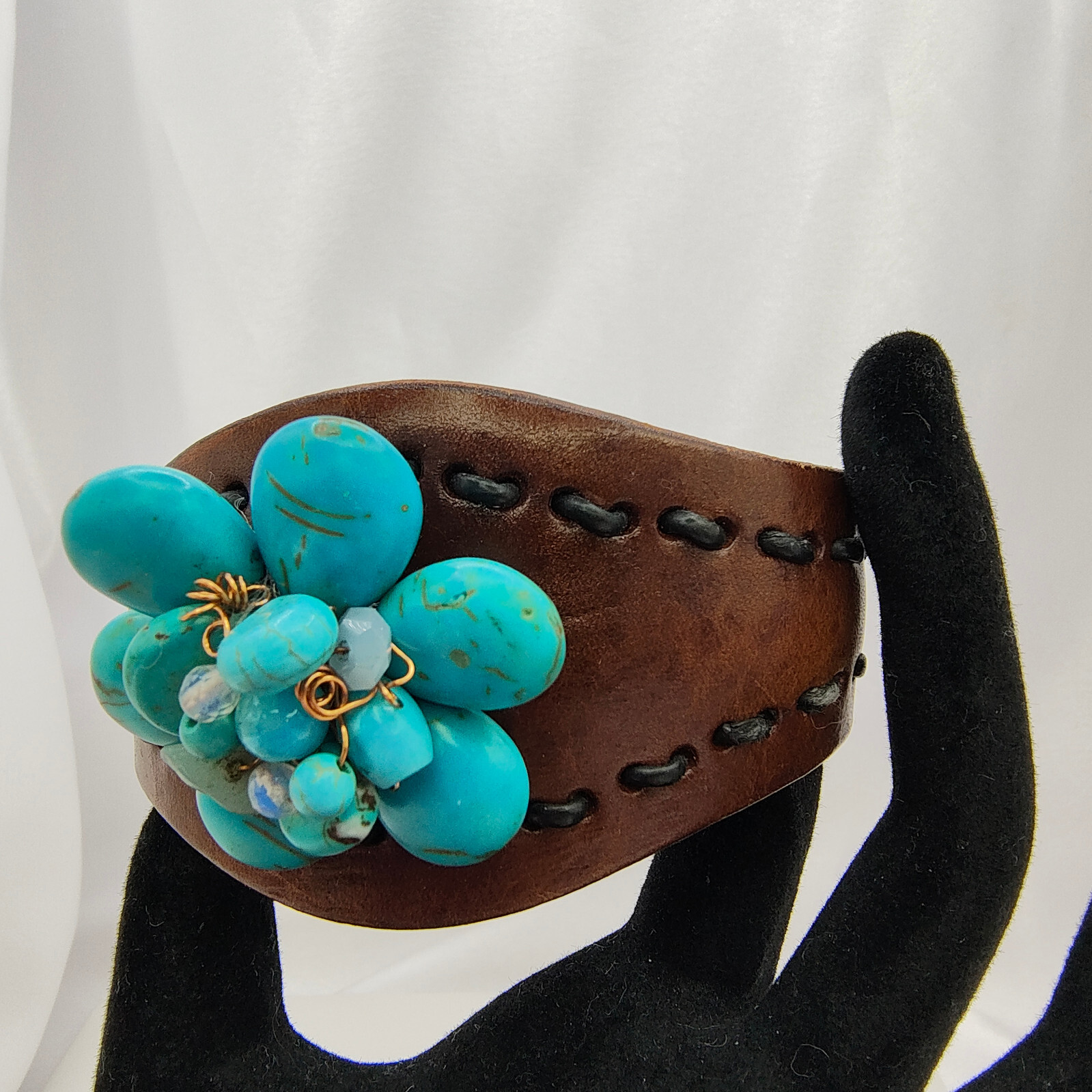 Leather Faux Turquoise Flower Cuff Bracelet Bohemian Ecclectic Statement