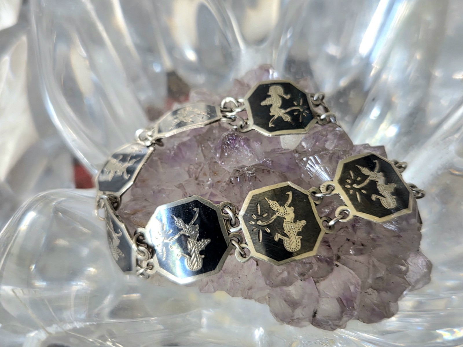 Vintage 925 Sterling Silver 40s Siam Black Enamel Dancer Goddess Bracelet 7.5in