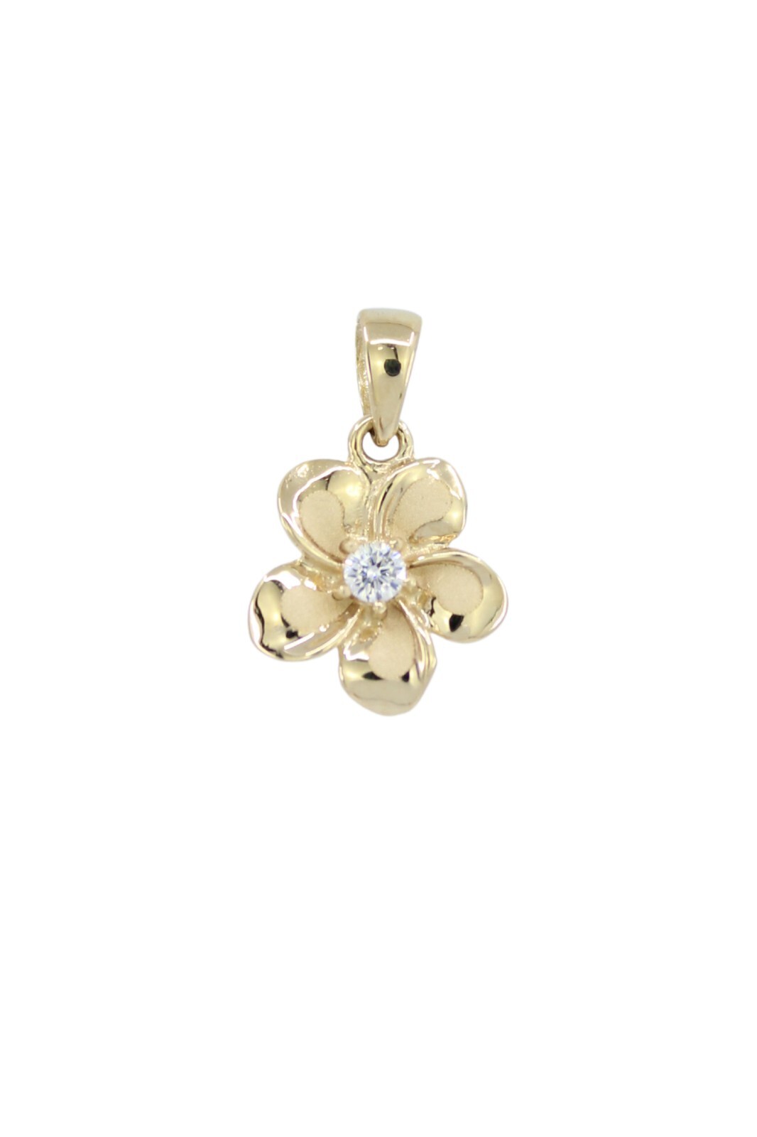 14K Solid Gold Hawaiian Plumeria Flower Charm Pendant (13mm, 0.7g) – Yellow, CZ