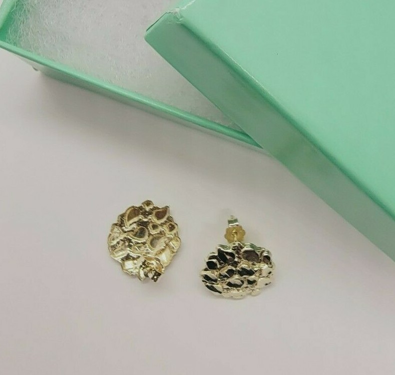 10K Gold Authentic Nugget Round Diamond Cut Stud Earrings for Men Women 4 Sizes