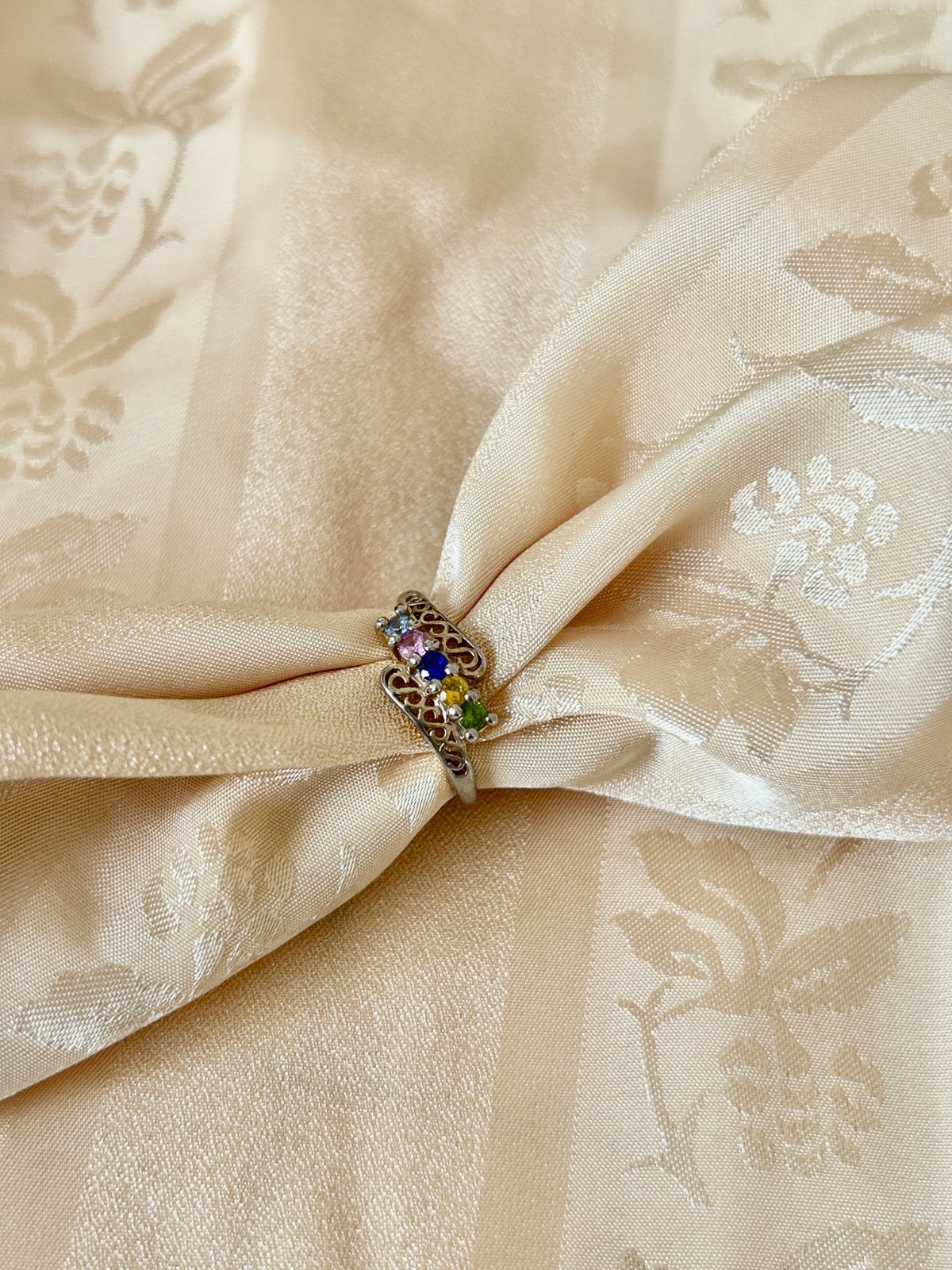 Vintage Silver Tone Filigree Ring Multi Color Rainbow Stones Size 5.5