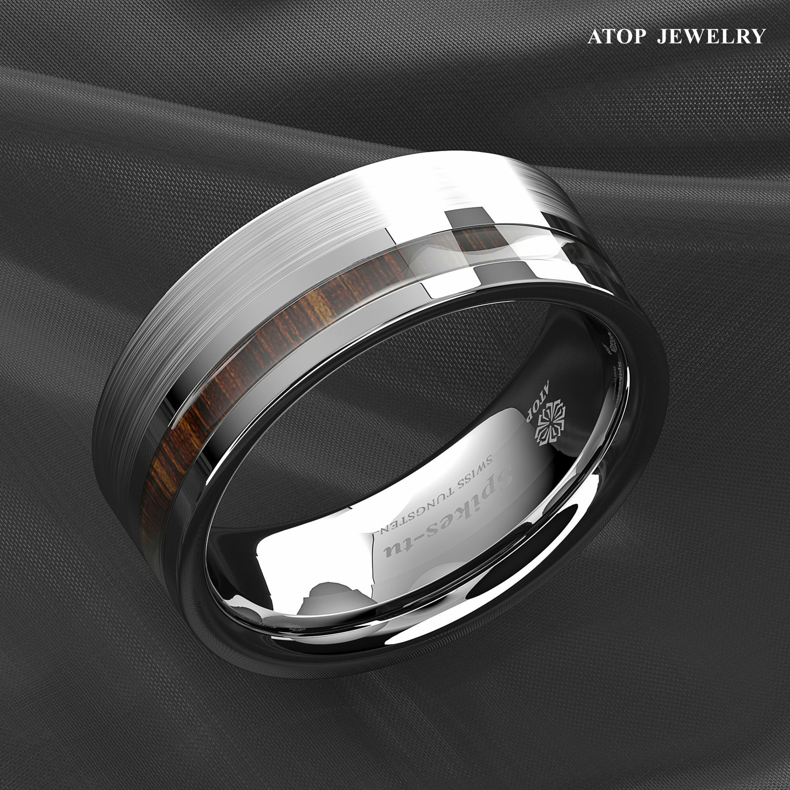 8mm Silver Brushed Tungsten Carbide Ring Off Center Koa Wood ATOP Wedding Band