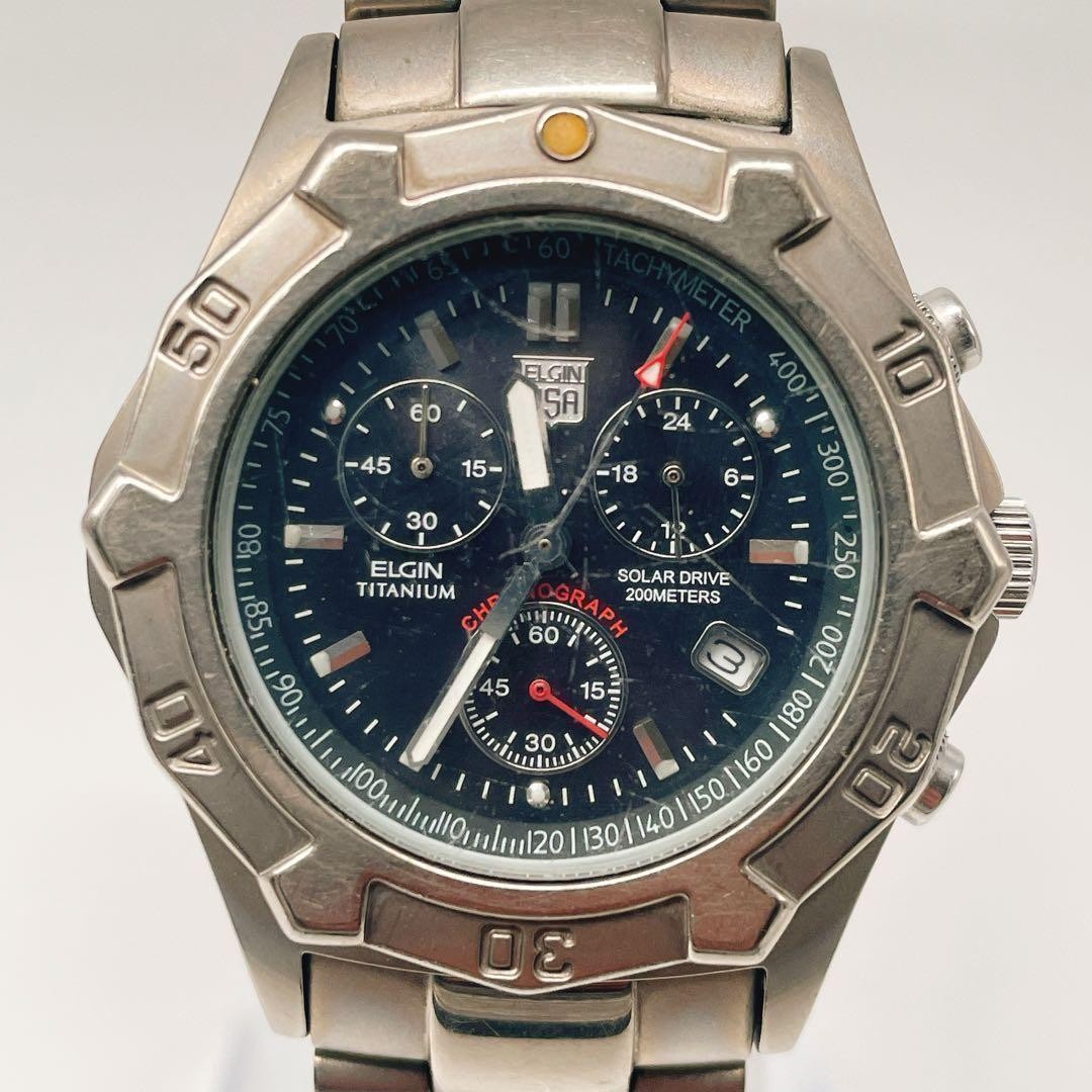 Elgin Solar Chronograph Titanium Silver Vintage Men’s Watch Japan 075828