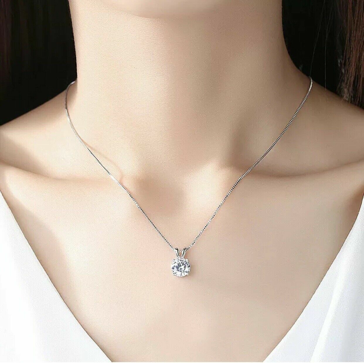 2Ct 925 Sterling Silver Round Cut Solitaire Cubic CZ Pendant Necklace 18”