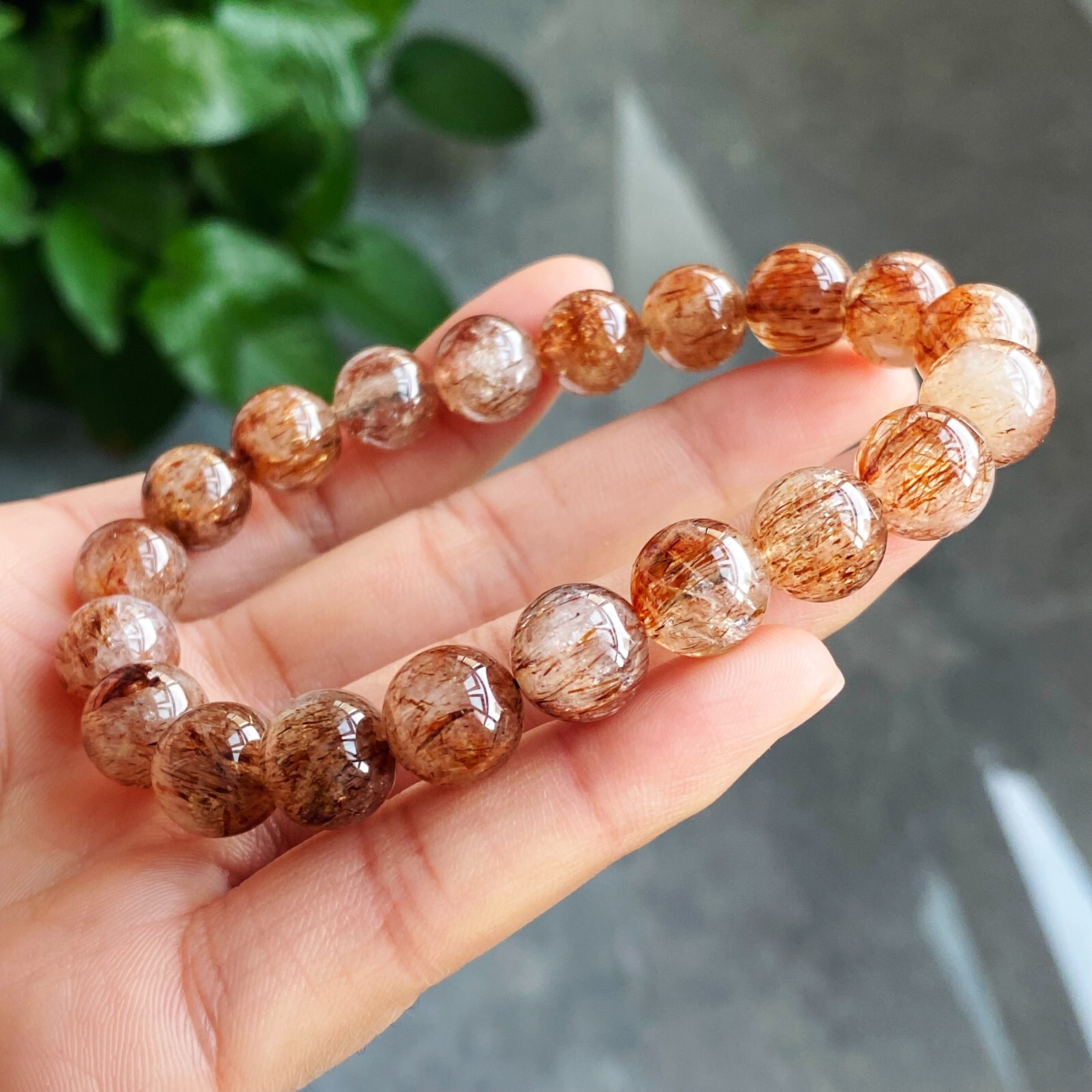 10.5mm Natural Red Copper Quartz Crystal Beads Bracelet 7.9 inch B850