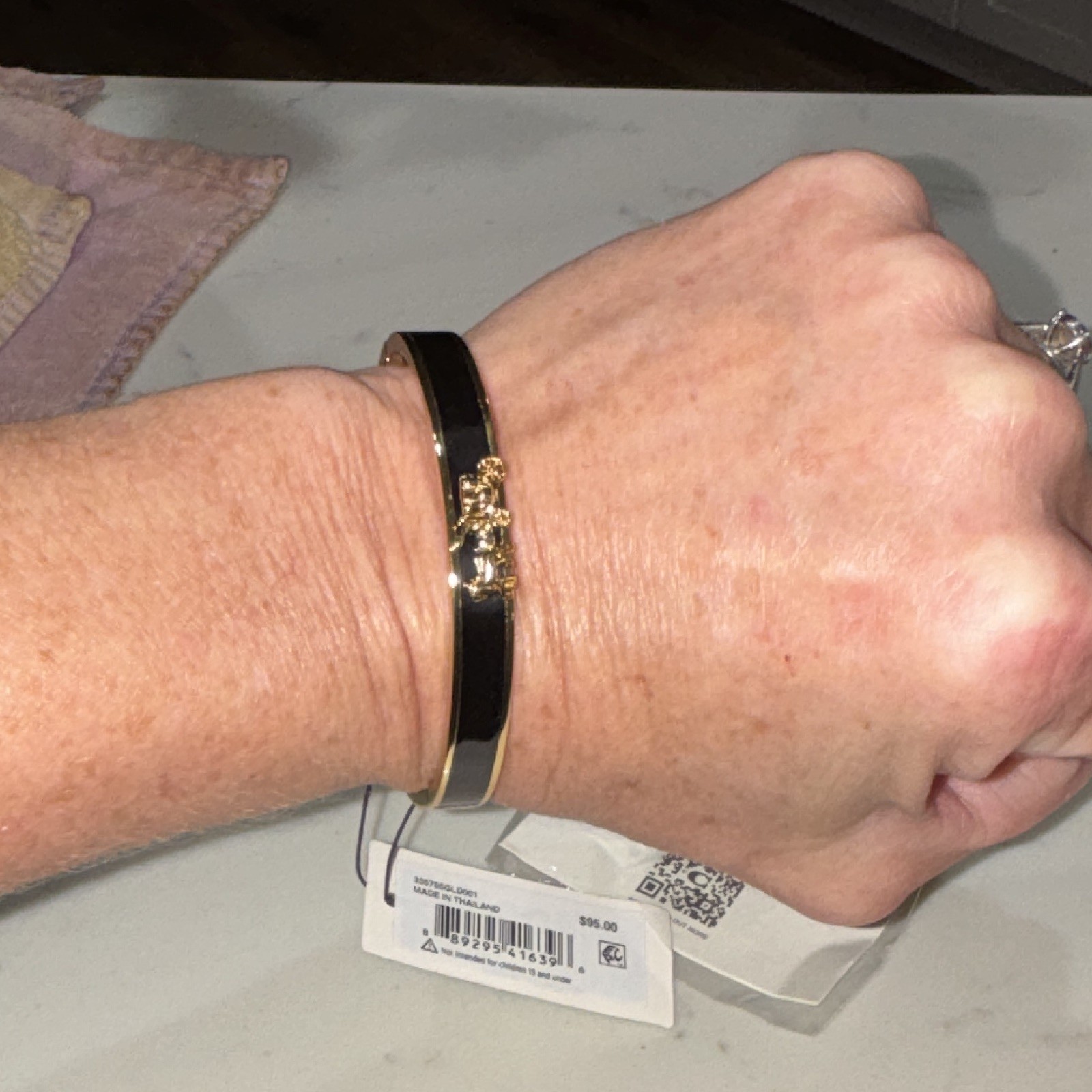 COACH Black Enamel Gold Tone Bangle Cuff Bracelet w/ Horse & Carriage Charm